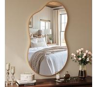 MAMIZO Miroir asymétrique, 66 x 116 cm, miroir mural de forme irrégulière, verre trempé, cadre en aluminium, miroir décoratif, miroir de maquillage unique, miroir de salle de bain, doré