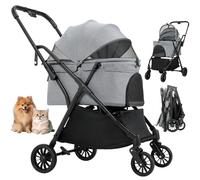 MAMIZO One-Touch Poussette Chien jusqu'à 20 kg, Poussette Chat Pliable, Fenêtre avant respirante avec fermeture éclair, Crochet de suspension, 4 PCS 360°roues, pour petits chiens chats, Gris foncé