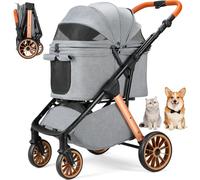 MAMIZO One-Touch Poussette Chien, Poussette pliable chat, jusqu'à 25 kg, Cadre en Alu & acier carbone, Poignée réglable en hauteur, Porte-gobelet, 4 PCS 360° Roues, pour chiens et chats, Gris foncé