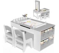 MAMIZO Table pour Enfant avec 2 Chaises, Bureau Enfant en Bois avec Rangement, Bureau avec Rangement pour Fille Garcon 3+ Ans, Table a Dessin avec Rouleau de Papier pour Jouer Dessiner (Gris)