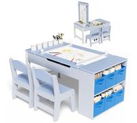 MAMIZO Table pour Enfant avec 2 Chaises, Bureau Enfant en Bois, Bleu | Bureau avec Rangement pour Fille Garcon 3+ Ans, Table a Dessin avec Rouleau de Papier pour Jouer Dessiner