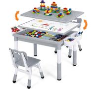 MAMIZO Table pour enfant avec 2 chaises, table d'activité réglable en hauteur avec espace de rangement, plateau de lit réversible pour graffiti et blocs de construction, meubles pour tout-petits pour