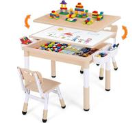 MAMIZO Table pour enfant avec 2 chaises, table d'activité réglable en hauteur avec espace de rangement, plateau de lit réversible pour graffiti et blocs de construction, meubles pour tout-petits pour