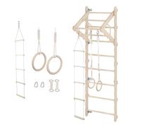 MAMOI® Espalier Mural 210 cm pour Adultes, échelle de Gymnastique en Bois avec Barre de Traction, Anneaux et échelle de Corde, Set d’entraînement Maison et Salle de Sport