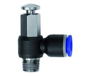 Man. bet. Soupape de purge rapide « Série bleue » R 1/8 A. Angle pour Schl.-Diamètre extérieur 6 mm, diamètre de travail max. 10 bar, art/MS vern.