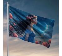 Man Cabe Decor A Woman In A Blue Dress With Flowers In Her Hair Stand Under A Croissant Moon Flag Welcome Garden Flag Cool Posters For Guys (30 x 45 cm)