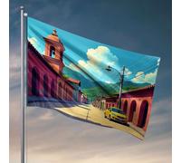 Man Cave Bar A Yellow Car Parked On A Picturesque Street With Colorful Buildings Flag Garden Flag Funny Porche Decorations Outdoor (30 x 45 cm)