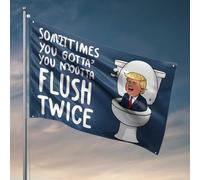 Man Cave Decor and Accessories Cartoon Trump Flushes Twice Humour Sign Flag Cadeaux pour la décoration de la maison Accessoires de salle de jeux (152 x 244 cm)