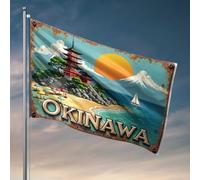 Man Cave Decorations Okinawa : un paysage de plage japonais serein avec pagode et drapeau de voilier, décoration de chambre (60 x 90 cm)