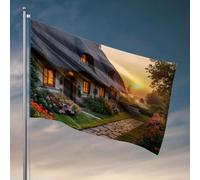 Man Cave Decorations Un chalet confortable avec un toit de chaume, entouré de fleurs vibrantes et de drapeau baigné Accessoires de garage pour décoration de porte de chambre (30 x 45 cm)