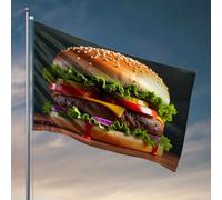 Man Cave Drapeaux Un hamburger juteux avec laitue, tomate, oignon, fromage et cornichons. Drapeau décoratif pour chambre de filles Drapeaux amusants (152 x 244 cm)
