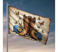 Man Cave Rules Bottes Western au milieu des tournesols et des papillons Drapeau Musique Décor Accessoires de terrasse (60 x 90 cm)