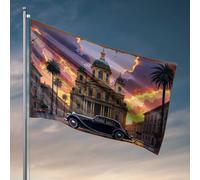 Man Cave Rules Vintage Car In Front Of Grand Cathedral At Sunset Flag Music Decor Patio Accessories (152 x 244 cm)