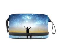 Man Under Starry Sky Space Trousse à maquillage double couche pour femmes et filles, trousse de toilette de voyage, trousse de maquillage pratique avec compartiment à brosse, multicolore, 27x15x14