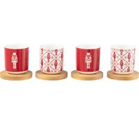 Manahee Design | Boîte 4 Tasses à Café et Sous-tasses en Céramique Rouge avec Présentoir Bambou | 13,8 x 13,8 x 7,5 cm