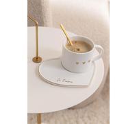 Manahee Design | Céramique Blanche et Or | Tasse avec Sous-tasse et Cuillère | 7,5 cm x 16 cm x 14,2 cm