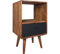 Manahee Design | Console de nuit rétro en bois massif Sheesham | Couleur bois clair & noir mat | 40 x 35 x 70 cm
