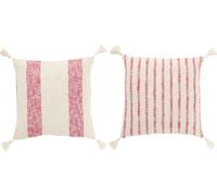 Manahee Design | Coussin carré rayures avec franges coton blanc/rose | Rose | 45 x 45 x 15 cm