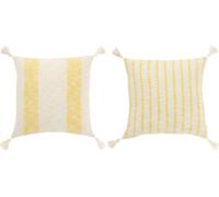 Manahee Design | Coussin Carré Rayures avec Pompons Coton Blanc/Jaune | 45x45 cm