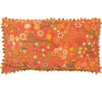 Manahee Design | Coussin Rectangle Fleurs + Pompons Velours Orange | Coton/Lin/Polyester | 65x35x15 cm