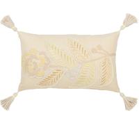 Manahee Design | Coussin Rectangulaire Fleurs avec Pompons Coton Jaune Clair | 50 x 30 x 15 cm