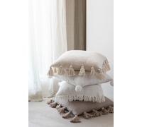 Manahee Design | Coussin Tissé+Franges Viscose/Coton Blanc | 45 cm x 45 cm x 12 cm
