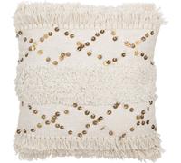 Manahee Design | Coussin Tufté Franges Coton / Paillettes Blanc / Or | 45 x 45 x 12 cm