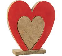 Manahee Design | Cœur double sur pied en bois de manguier rouge/naturel | Multi-couleur | 24 x 22,5 x 5 cm