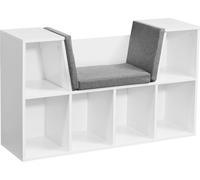 Manahee Design | Étagère design avec assise Blanc Mat / Coussin Gris | 101,5x61,5x30 cm | 6 compartiments, banc moderne