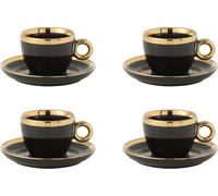 Manahee Design | Lot de 4 tasses et soucoupes en céramique noir/doré | 13,6x13,6x1,8 cm