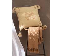 Manahee Design | Plaid motifs ethniques en coton beige avec franges | Dimensions 170x130 cm