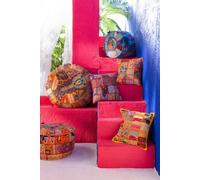 Manahee Design | Poef rond motifs et pompons en coton rouge | 30 cm x 40 cm x 40 cm