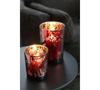 Manahee Design | Porte-bougie T en verre rouge et or antique | Dimensions 8 x 7,3 x 7,3 cm