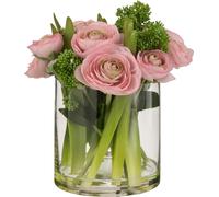 Manahee Design | Renoncule en tissu rose et vert avec vase en verre Large | 26,5 cm x 24 cm x 24 cm