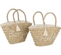 Manahee Design | Sac de plage en jute naturel avec pompons | Naturel/Blanc | 49x38x51 cm x2