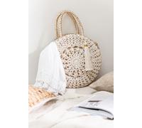 Manahee Design | Sac de plage rond avec dentelle et pompon en raphia naturel | Naturel | 40x40x7 cm