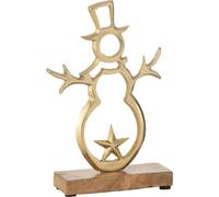 Manahee Design | Sculpture Bonhomme de Neige Étoile sur Pied Acier Inoxydable et Bois | Or | 21 x 13,5 x 5 cm