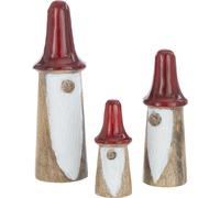 Manahee Design | Set de 3 Lutins Champignons en bois naturel/rouge | 26 cm x 7 cm x 7 cm