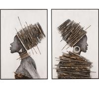 Manahee Design | Toile et Bois Marron/Gris | Tableau Femme Africaine | 120x80x3.5 cm | Lot de 2
