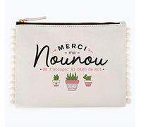 Manahia Pochette Pompons Nounou - Merci de t'occuper si Bien de Moi - Trousse Coton Doublée avec Zip - Idée Cadeau Fin d'Année & Noël - Design Français