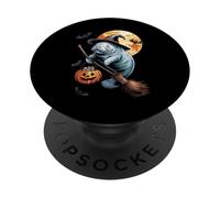 Manatee Witch Broom Ride with Pumpkin Moon Sea Animal PopSockets PopGrip Adhésif
