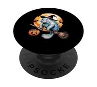 Manatee Witch Broom Ride with Pumpkin Moon Sea Animal PopSockets PopGrip Adhésif
