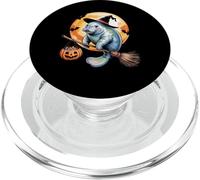Manatee Witch Broom Ride with Pumpkin Moon Sea Animal PopSockets PopGrip pour MagSafe