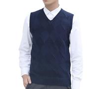 MANBOZIXi Pull col V pour Homme Pulls sans Manches en Coton, Acquard GiletsTricotés, Bleu 3XL