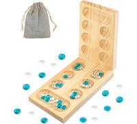 Mancala Jeu De Société -Kalaha -Jeu De Pierres -Jeu De Stratégie -Bois Naturel Épais + Belles Pierres Colorées + Sac De Rangement -Jeu D'intelligence Adapté Pour Les Amis La Famille Et Les Enfants