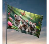 Mancave Accessories Drapeau humoristique avec trois petits tigres blancs dans un jardin serein pour décoration de chambre (152 x 244 cm)