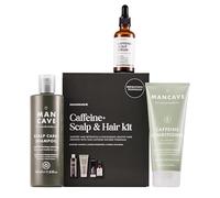 ManCave Kit caféine+ cuir chevelu et cheveux avec 3 essentiels de soins capillaires, la solution ultime pour des cheveux et un cuir chevelu plus sains. Shampooing à la caféine, après-shampoing à la
