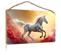 Mancave Signs and Decor A Majestic White Horse Gallops au milieu de fleurs rouges vives Cadeau pour patron femme Panneau décoratif de ferme (15 x 28 cm)