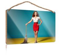 Mancave Signs and Decor A Woman in A Red Skirt Holding A Broom Gift for Boss Woman Farmhouse Decor Sign (20 x 30 cm)