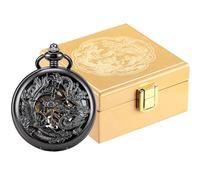 ManChDa Montre de Poche en boîte-Cadeau en Bois Brillant de Luxe - Lucky Dragon & Phoenix chaîne Squelette mécanique Main-Vent Steampunk Chiffres Romains Fob pour Hommes | Or Boîte